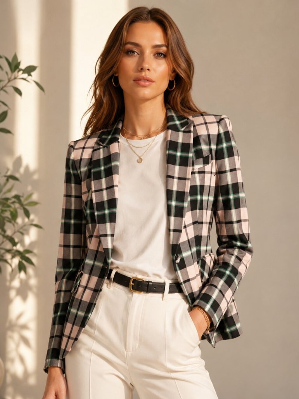 Veronica Beard Pink and Green Plaid Cutaway Dickey Blazer Jacket - Picture 11 of 11